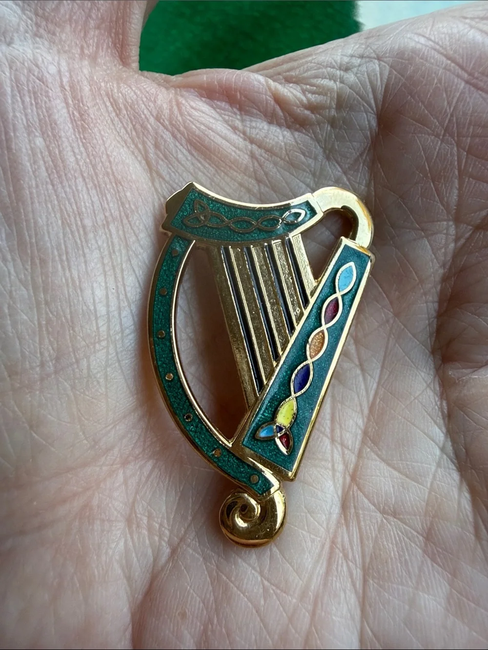 Gold Plated Green Enamel Irish Harp Brooch Pin